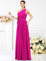 Charming One Shoulder Sash/Ribbon/Belt Sleeveless Long Chiffon Bridesmaid Dresses-Ballbella