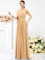 Charming One Shoulder Sash/Ribbon/Belt Sleeveless Long Chiffon Bridesmaid Dresses-Ballbella