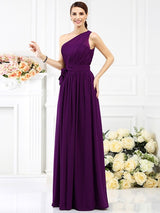 Charming One Shoulder Sash/Ribbon/Belt Sleeveless Long Chiffon Bridesmaid Dresses-Ballbella