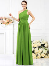 Charming One Shoulder Sash/Ribbon/Belt Sleeveless Long Chiffon Bridesmaid Dresses-Ballbella
