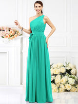 Charming One Shoulder Sash/Ribbon/Belt Sleeveless Long Chiffon Bridesmaid Dresses-Ballbella