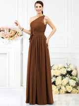 Charming One Shoulder Sash/Ribbon/Belt Sleeveless Long Chiffon Bridesmaid Dresses-Ballbella