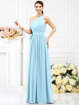 Charming One Shoulder Sash/Ribbon/Belt Sleeveless Long Chiffon Bridesmaid Dresses-Ballbella