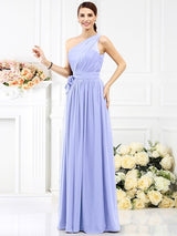 Charming One Shoulder Sash/Ribbon/Belt Sleeveless Long Chiffon Bridesmaid Dresses-Ballbella