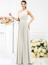 Charming One Shoulder Sash/Ribbon/Belt Sleeveless Long Chiffon Bridesmaid Dresses-Ballbella