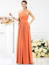 Charming One Shoulder Sash/Ribbon/Belt Sleeveless Long Chiffon Bridesmaid Dresses-Ballbella