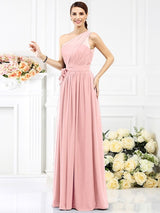 Charming One Shoulder Sash/Ribbon/Belt Sleeveless Long Chiffon Bridesmaid Dresses-Ballbella
