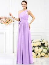 Charming One Shoulder Sash/Ribbon/Belt Sleeveless Long Chiffon Bridesmaid Dresses-Ballbella