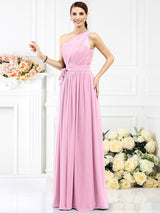 Charming One Shoulder Sash/Ribbon/Belt Sleeveless Long Chiffon Bridesmaid Dresses-Ballbella