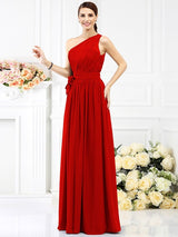 Charming One Shoulder Sash/Ribbon/Belt Sleeveless Long Chiffon Bridesmaid Dresses-Ballbella