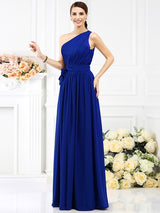Charming One Shoulder Sash/Ribbon/Belt Sleeveless Long Chiffon Bridesmaid Dresses-Ballbella