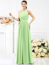 Charming One Shoulder Sash/Ribbon/Belt Sleeveless Long Chiffon Bridesmaid Dresses-Ballbella