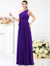 Charming One Shoulder Sash/Ribbon/Belt Sleeveless Long Chiffon Bridesmaid Dresses-Ballbella