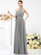 Charming One Shoulder Sash/Ribbon/Belt Sleeveless Long Chiffon Bridesmaid Dresses-Ballbella