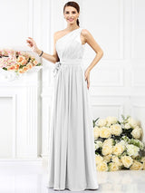 Charming One Shoulder Sash/Ribbon/Belt Sleeveless Long Chiffon Bridesmaid Dresses-Ballbella