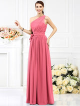 Charming One Shoulder Sash/Ribbon/Belt Sleeveless Long Chiffon Bridesmaid Dresses-Ballbella