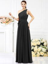 Charming One Shoulder Sash/Ribbon/Belt Sleeveless Long Chiffon Bridesmaid Dresses-Ballbella