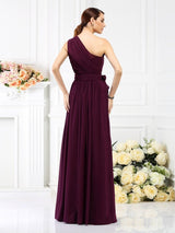 Charming One Shoulder Sash/Ribbon/Belt Sleeveless Long Chiffon Bridesmaid Dresses-Ballbella