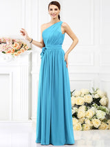 Charming One Shoulder Sash/Ribbon/Belt Sleeveless Long Chiffon Bridesmaid Dresses-Ballbella
