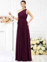 Charming One Shoulder Sash/Ribbon/Belt Sleeveless Long Chiffon Bridesmaid Dresses-Ballbella