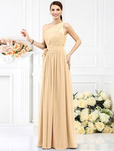 Charming One Shoulder Sash/Ribbon/Belt Sleeveless Long Chiffon Bridesmaid Dresses-Ballbella