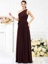 Charming One Shoulder Sash/Ribbon/Belt Sleeveless Long Chiffon Bridesmaid Dresses-Ballbella