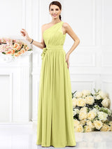 Charming One Shoulder Sash/Ribbon/Belt Sleeveless Long Chiffon Bridesmaid Dresses-Ballbella