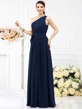 Charming One Shoulder Sash/Ribbon/Belt Sleeveless Long Chiffon Bridesmaid Dresses-Ballbella