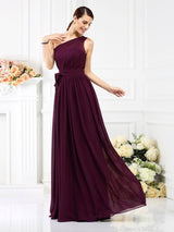 Charming One Shoulder Sash/Ribbon/Belt Sleeveless Long Chiffon Bridesmaid Dresses-Ballbella
