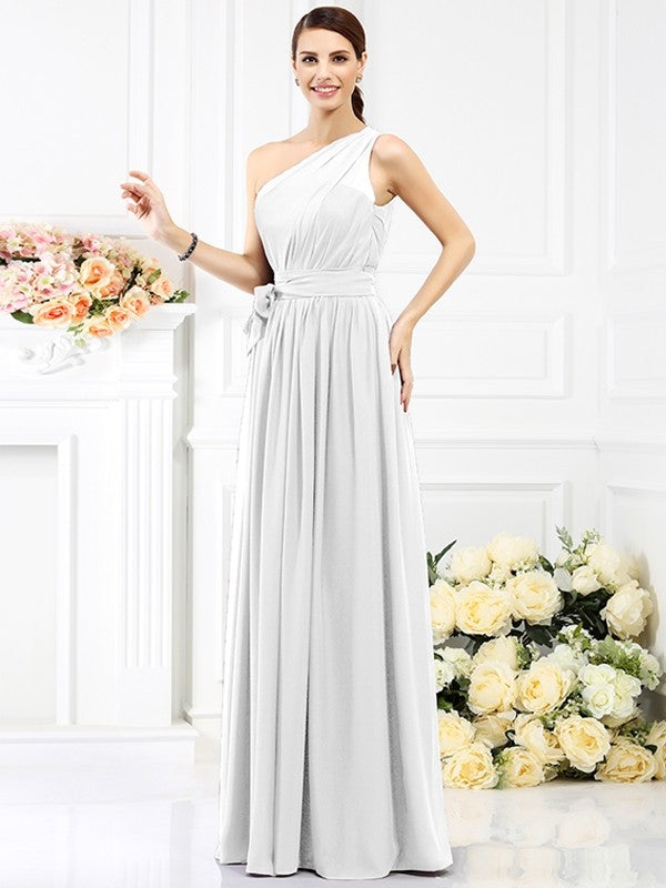 A-Line Charming One Shoulder Sash/Ribbon/Belt Sleeveless Long Chiffon Bridesmaid Dresses