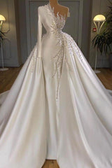 Charming One Shoulder Satin Mermaid Bridal Gowns Pearls Beading Party Gowns-Ballbella