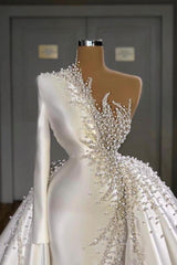 Charming One Shoulder Satin Mermaid Bridal Gowns Pearls Beading Party Gowns-Ballbella