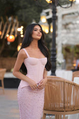 Charming Pink Straps Sleeveless Prom Dresses Sheath Gem Two-Piece Set On Sale-Ballbella