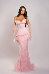 Charming Pink Sweetheart Strapless Lace Mermaid Prom Dress Detachable Long Sleeves On Sale-Ballbella