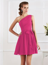 Charming Pleats One Shoulder Sleeveless Short Chiffon Bridesmaid Dresses-Ballbella