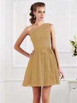 Charming Pleats One Shoulder Sleeveless Short Chiffon Bridesmaid Dresses-Ballbella