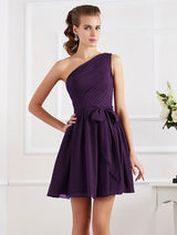Charming Pleats One Shoulder Sleeveless Short Chiffon Bridesmaid Dresses-Ballbella