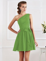 Charming Pleats One Shoulder Sleeveless Short Chiffon Bridesmaid Dresses-Ballbella