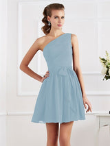 Charming Pleats One Shoulder Sleeveless Short Chiffon Bridesmaid Dresses-Ballbella