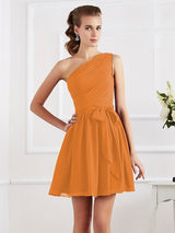 Charming Pleats One Shoulder Sleeveless Short Chiffon Bridesmaid Dresses-Ballbella