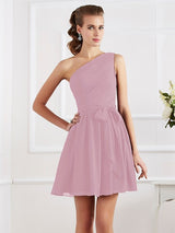 Charming Pleats One Shoulder Sleeveless Short Chiffon Bridesmaid Dresses-Ballbella