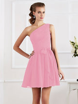 Charming Pleats One Shoulder Sleeveless Short Chiffon Bridesmaid Dresses-Ballbella
