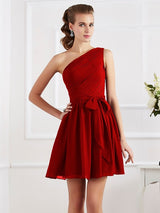 Charming Pleats One Shoulder Sleeveless Short Chiffon Bridesmaid Dresses-Ballbella