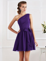 Charming Pleats One Shoulder Sleeveless Short Chiffon Bridesmaid Dresses-Ballbella