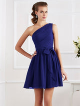 Charming Pleats One Shoulder Sleeveless Short Chiffon Bridesmaid Dresses-Ballbella