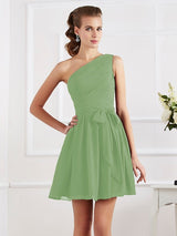 Charming Pleats One Shoulder Sleeveless Short Chiffon Bridesmaid Dresses-Ballbella