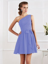 Charming Pleats One Shoulder Sleeveless Short Chiffon Bridesmaid Dresses-Ballbella