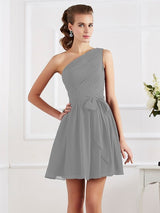 Charming Pleats One Shoulder Sleeveless Short Chiffon Bridesmaid Dresses-Ballbella