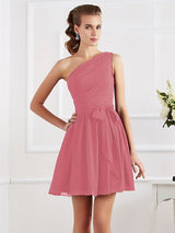 Charming Pleats One Shoulder Sleeveless Short Chiffon Bridesmaid Dresses-Ballbella