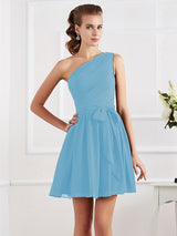 Charming Pleats One Shoulder Sleeveless Short Chiffon Bridesmaid Dresses-Ballbella